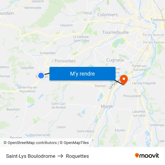 Saint-Lys Boulodrome to Roquettes map