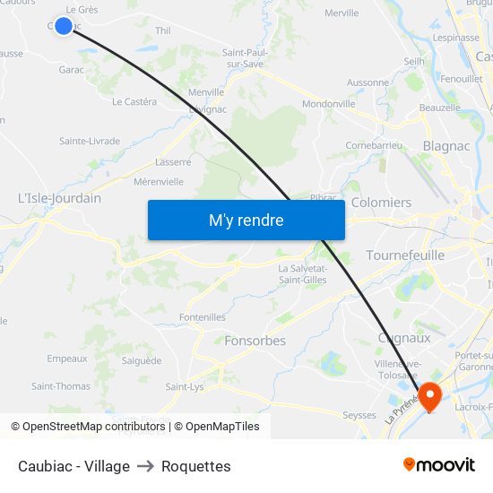 Caubiac - Village to Roquettes map