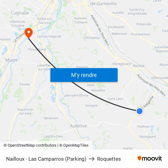 Nailloux - Las Camparros (Parking) to Roquettes map