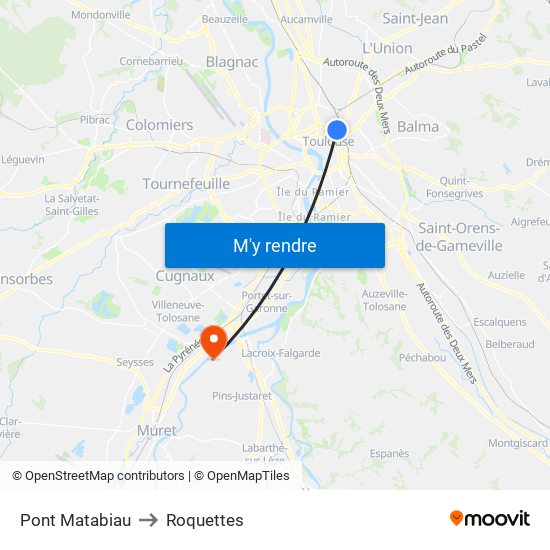 Pont Matabiau to Roquettes map