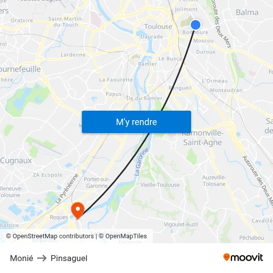 Monié to Pinsaguel map