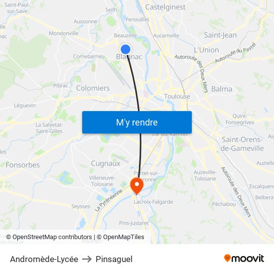 Andromède-Lycée to Pinsaguel map