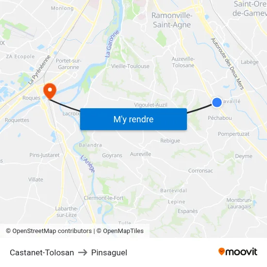 Castanet-Tolosan to Pinsaguel map
