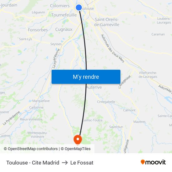 Toulouse - Cite Madrid to Le Fossat map