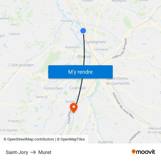 Saint-Jory to Muret map