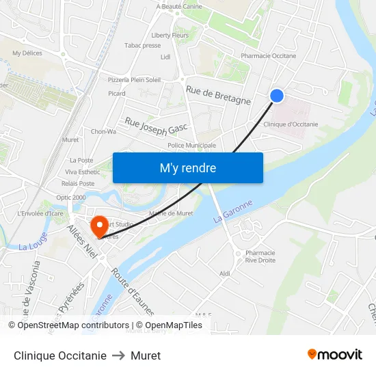 Clinique Occitanie to Muret map