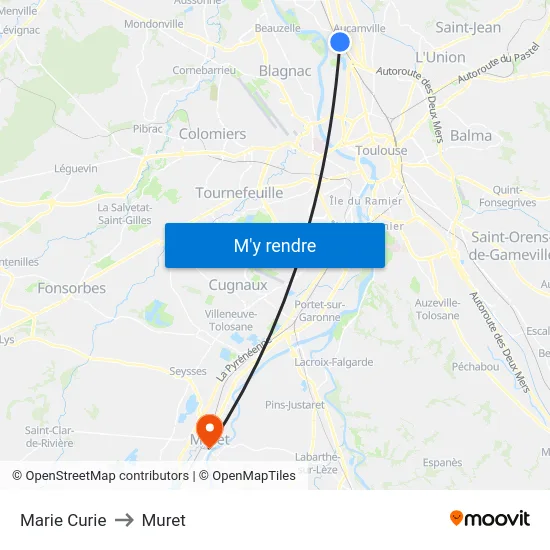 Marie Curie to Muret map
