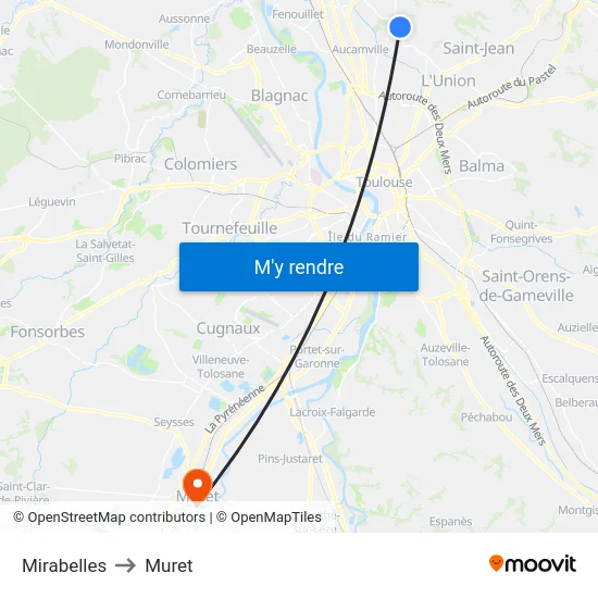 Mirabelles to Muret map