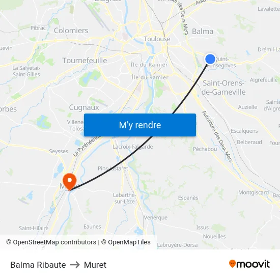 Balma Ribaute to Muret map