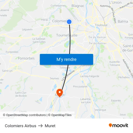 Colomiers Airbus to Muret map