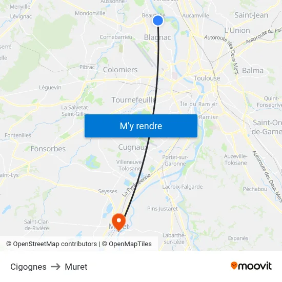 Cigognes to Muret map
