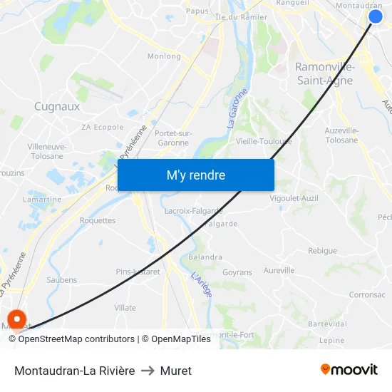 Montaudran-La Rivière to Muret map