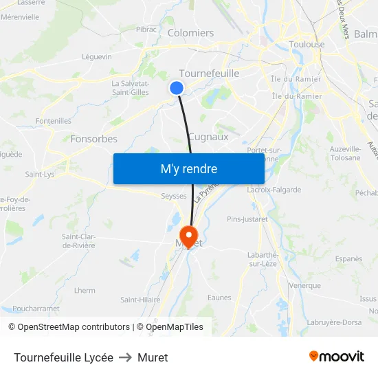 Tournefeuille Lycée to Muret map