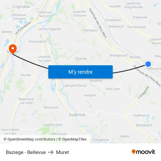Baziege - Bellevue to Muret map