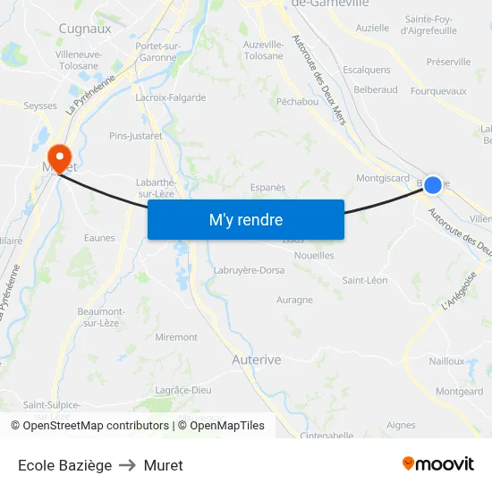 Ecole Baziège to Muret map