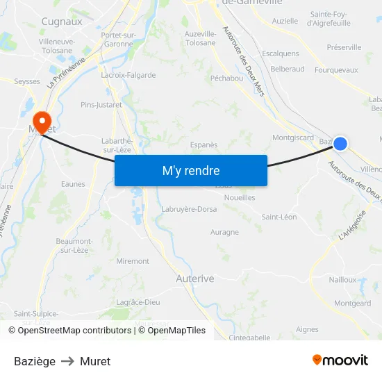 Baziège to Muret map