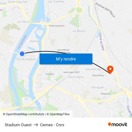 Stadium Ouest to Cemes - Cnrs map