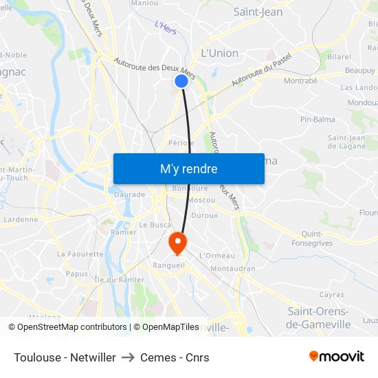 Toulouse - Netwiller to Cemes - Cnrs map