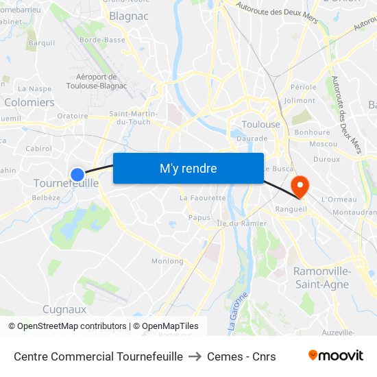 Centre Commercial Tournefeuille to Cemes - Cnrs map