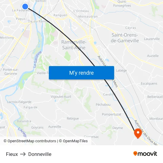 Fieux to Donneville map