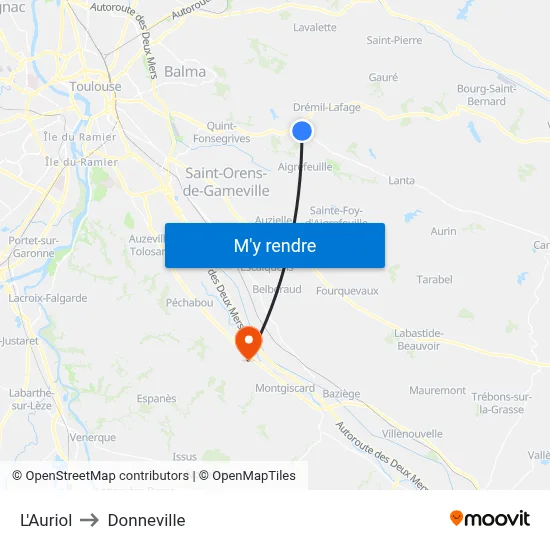 L'Auriol to Donneville map