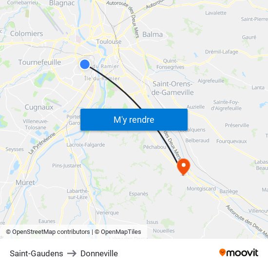 Saint-Gaudens to Donneville map