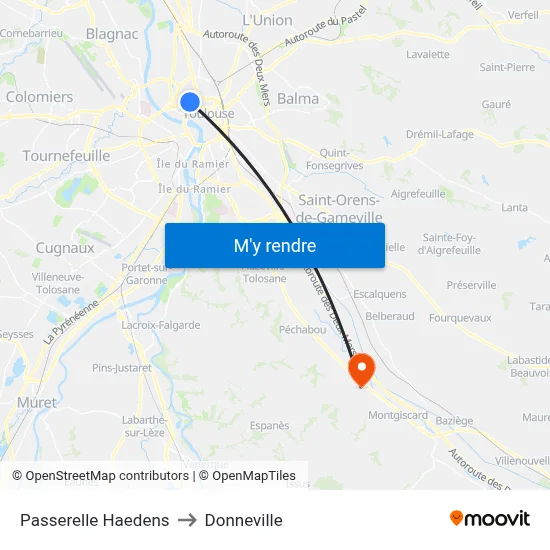 Passerelle Haedens to Donneville map