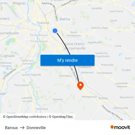 Baroux to Donneville map