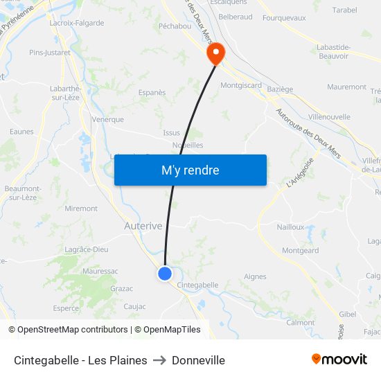 Cintegabelle - Les Plaines to Donneville map