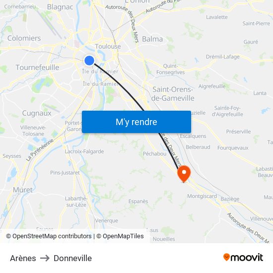 Arènes to Donneville map