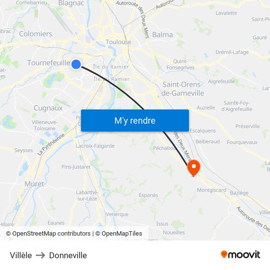Villèle to Donneville map