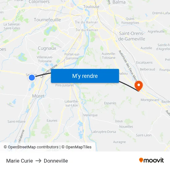Marie Curie to Donneville map