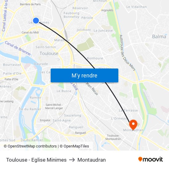 Toulouse - Eglise Minimes to Montaudran map