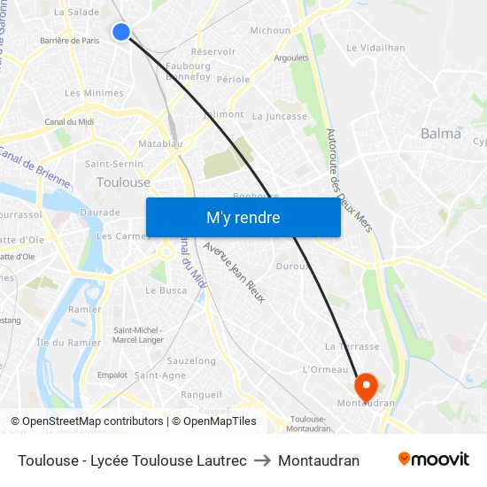 Toulouse - Lycée Toulouse Lautrec to Montaudran map