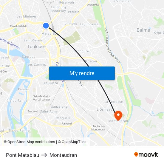 Pont Matabiau to Montaudran map