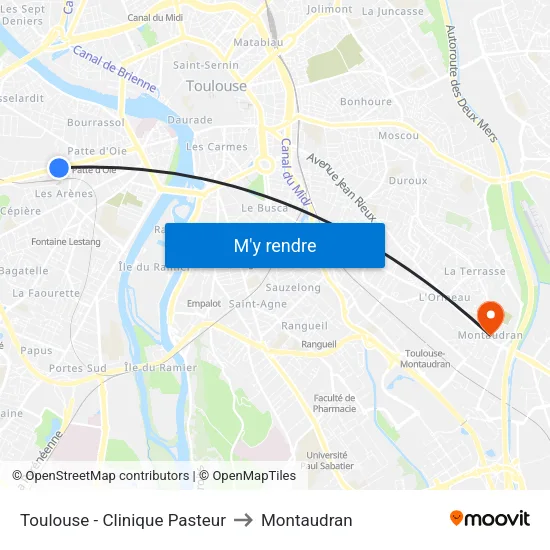 Toulouse - Clinique Pasteur to Montaudran map