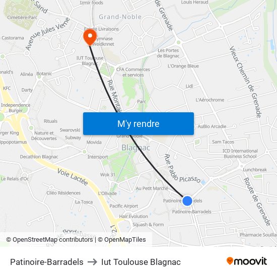 Patinoire-Barradels to Iut Toulouse Blagnac map