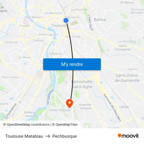 Toulouse Matabiau to Pechbusque map