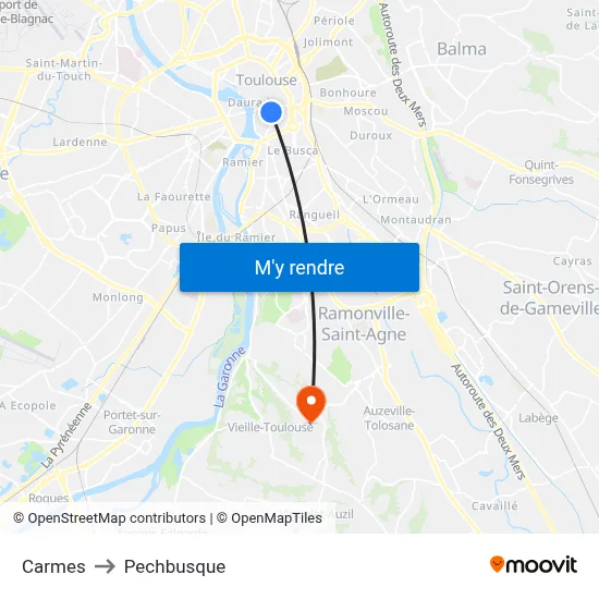Carmes to Pechbusque map