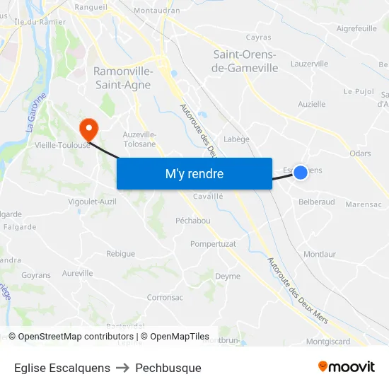 Eglise Escalquens to Pechbusque map