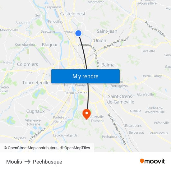 Moulis to Pechbusque map