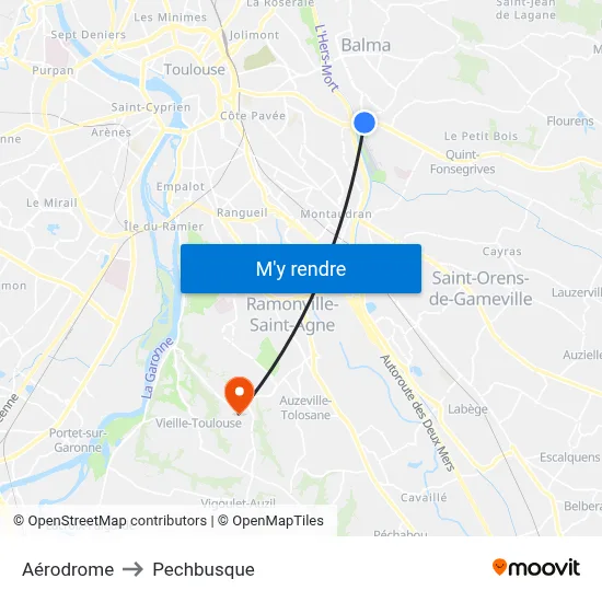 Aérodrome to Pechbusque map