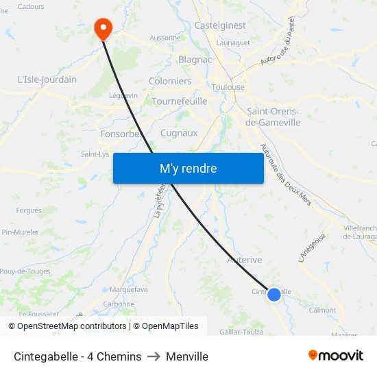 Cintegabelle - 4 Chemins to Menville map