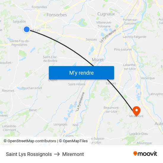 Saint Lys Rossignols to Miremont map