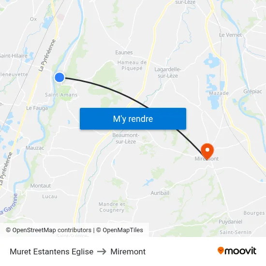 Muret Estantens Eglise to Miremont map