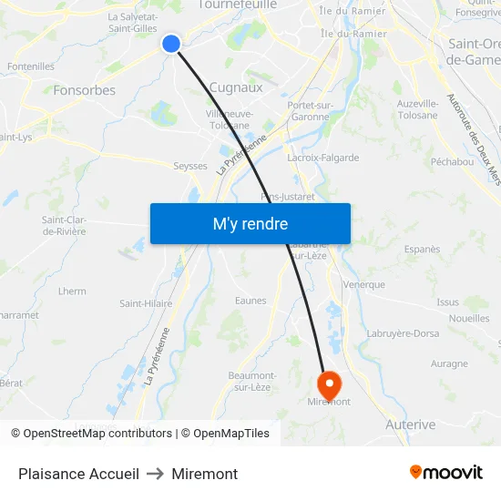 Plaisance Accueil to Miremont map