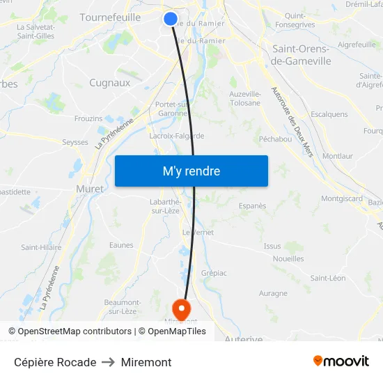 Cépière Rocade to Miremont map