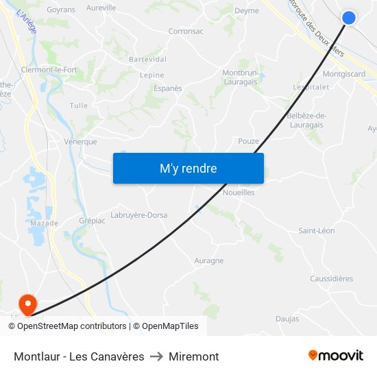 Montlaur - Les Canavères to Miremont map