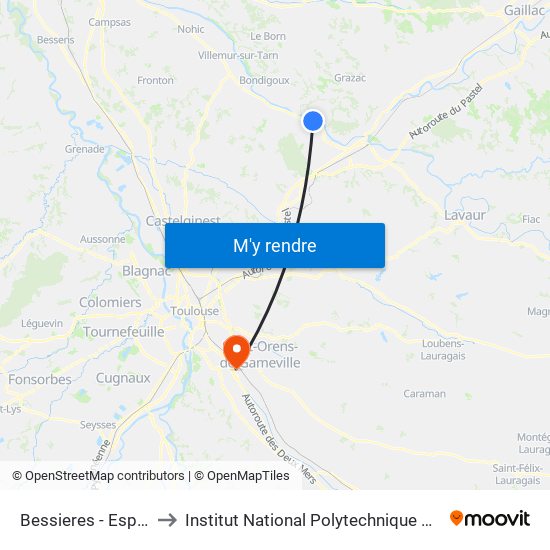 Bessieres - Esplanade to Institut National Polytechnique De Toulouse map