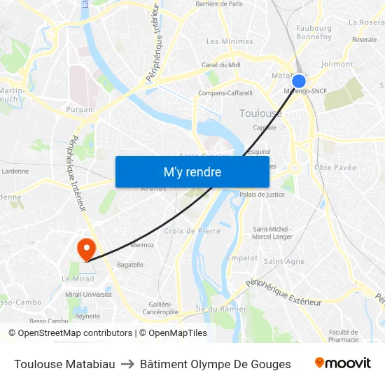 Toulouse Matabiau to Bâtiment Olympe De Gouges map
